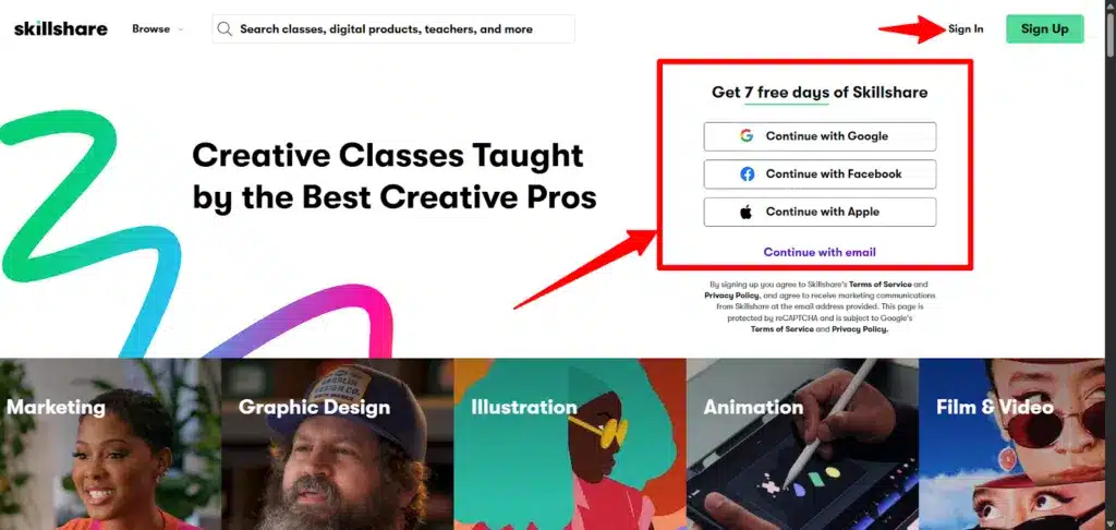 Skillshare sign Up page